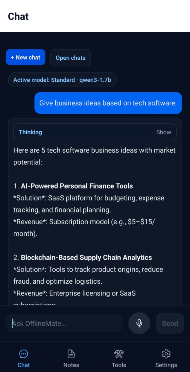OfflineMate chat screen with on-device conversation.