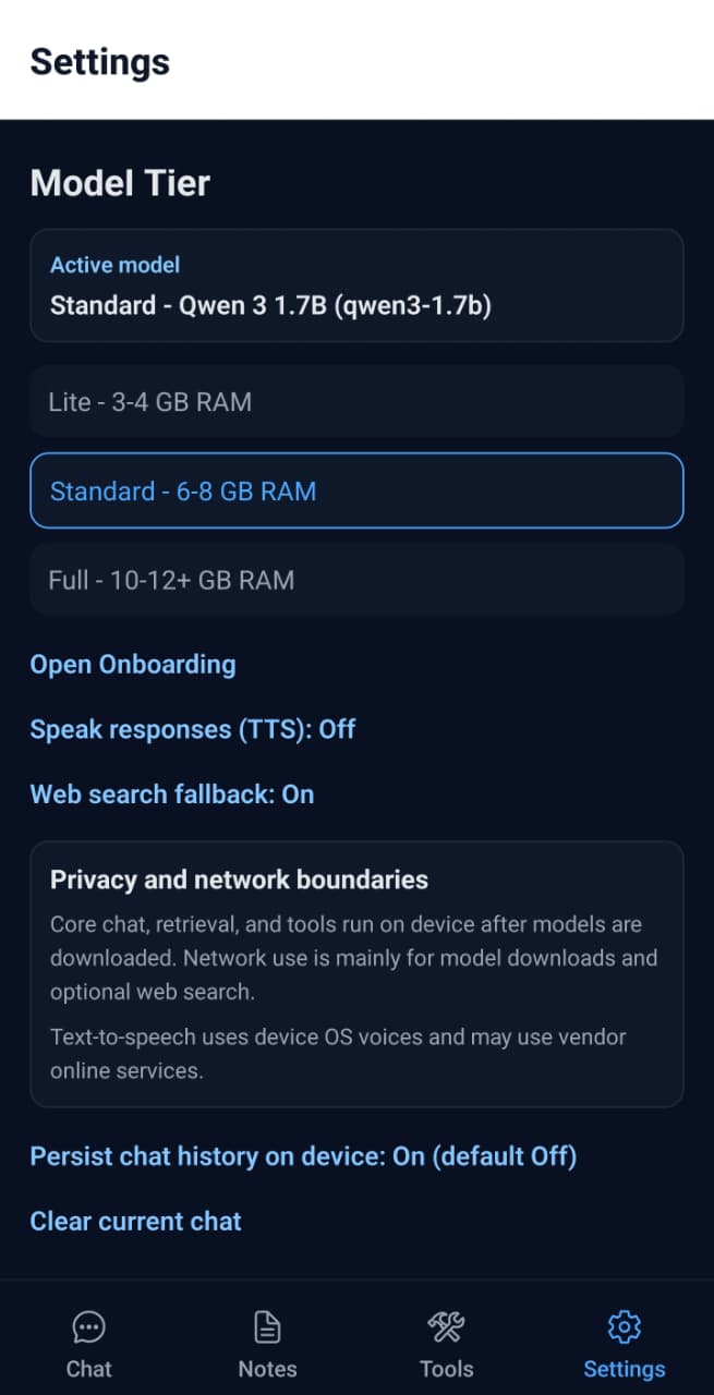 OfflineMate settings screen with model tier and chat-history retention controls.