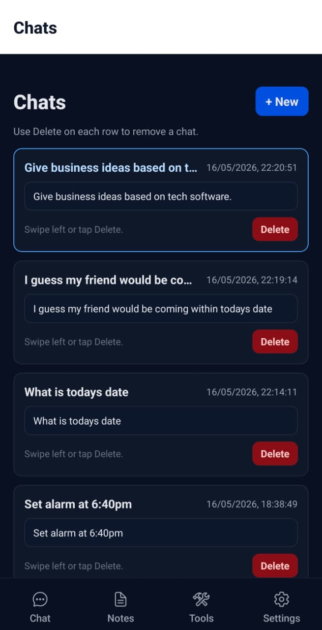 OfflineMate chats screen showing multiple saved conversations and delete actions.