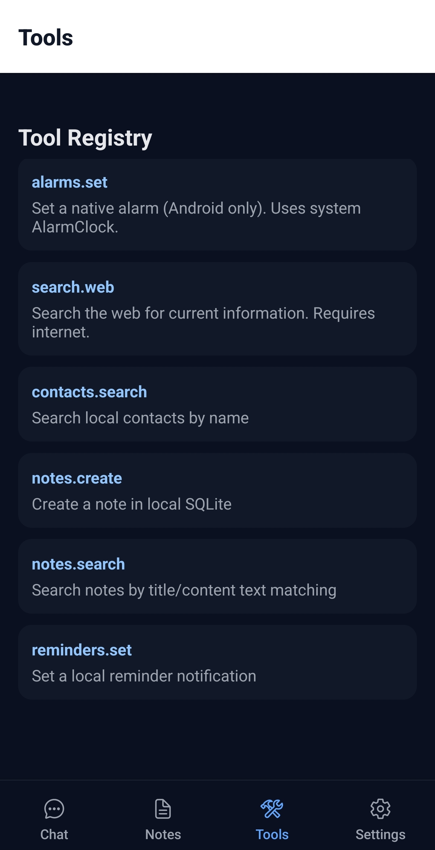 OfflineMate tools screen listing available local and web tools.